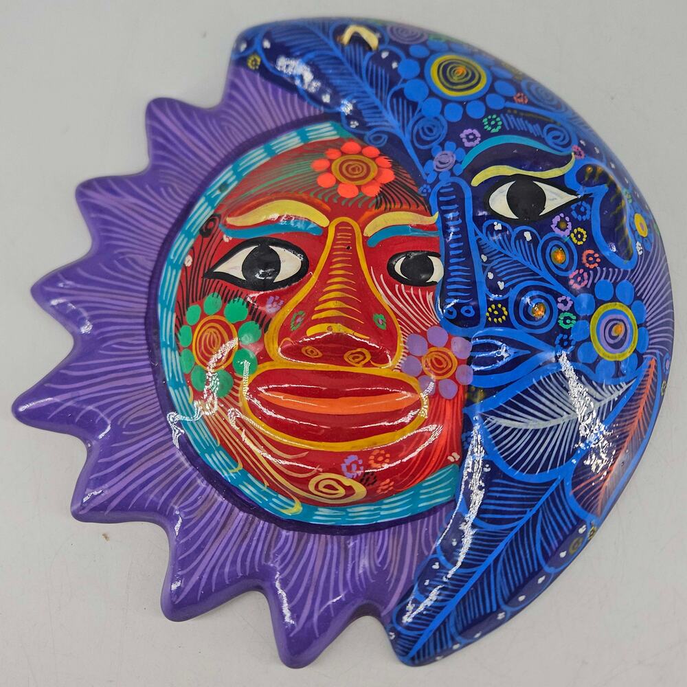 Talavera Sun Moon Face Mexican Folk art Pottery Sculpture Wall Hanging decor